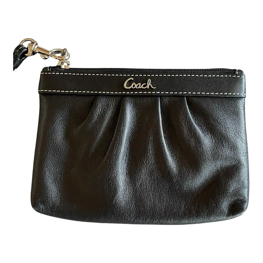 COACH Small Black Soft Pleated Leather Silver Logo Top Zip Clutch Wristlet